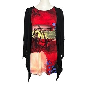 EVA VARRO Black Red Slinky Stretch Tie Front Artsy Tunic Top 3/4 Sleeve Size M